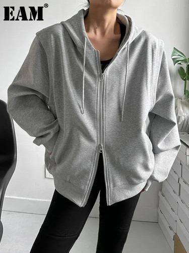 [EAM] Loose Fit Gray Double Zipper Big Size Jacket New Hooded Long Sleeve Women Coat Fashion Tide Spring Autumn 2024 1DH2632