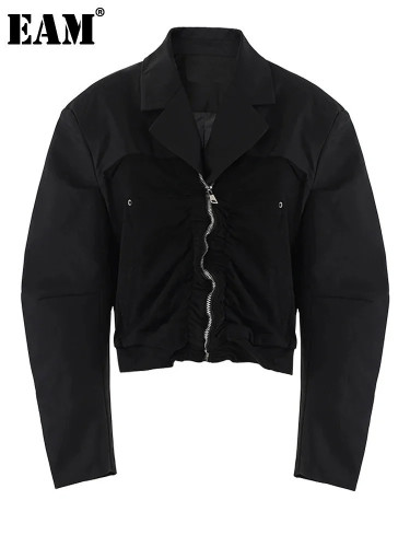 [EAM] Black Color-block Big Size Casual Short Jacket New Lapel Long Sleeve Women Coat Fashion Tide Spring Autumn 2024 CPG1998