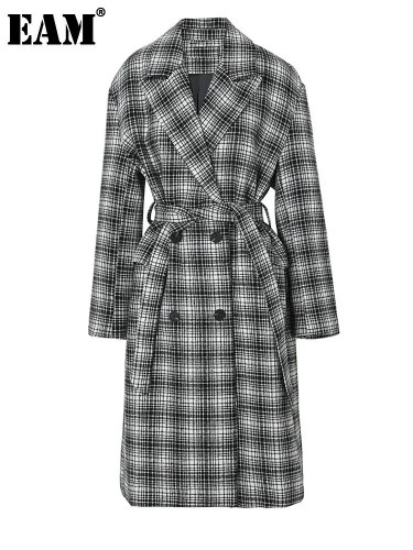 [EAM] Loose Fit Black Plaid Belted Big Size Long Woolen Coat Parkas New Long Sleeve Women Fashion Autumn Winter 2024 1DF3283