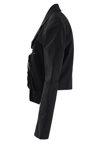 [EAM] Black Color-block Big Size Casual Short Jacket New Lapel Long Sleeve Women Coat Fashion Tide Spring Autumn 2024 CPG1998