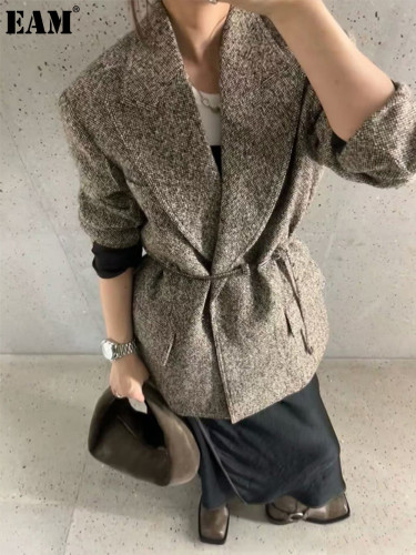 {EAM} Wool blend profile belt suit full lined strap back split pocket woolen coat DLZ345