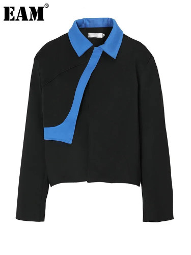 [EAM] Loose Fit Black Color-block Big Size Jacket New Lapel Long Sleeve Women Coat Fashion Tide Spring Autumn 2024 1DF3060