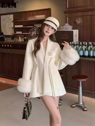{EAM} Autumn and winter light luxury woolen coat medium long fox hair double-sided cashmere overcoat fur coat women DLZ339