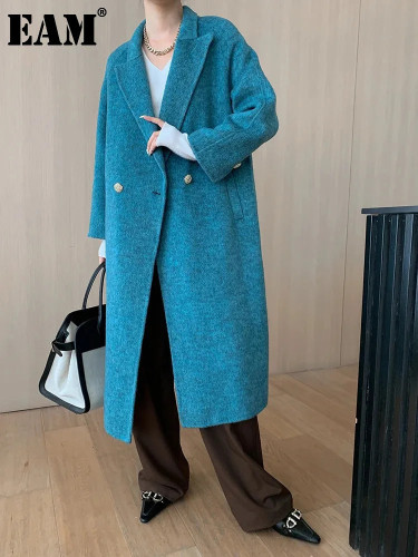 [EAM] Blue Double Breasted Big Size Woolen Coat New Lapel Long Sleeve Women Jacket Fashion Tide Autumn Winter 2024  1DH7363