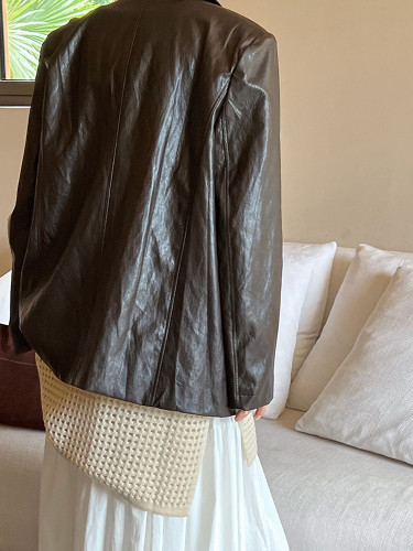 [EAM] PU Leather Coffee Big Size Pocket Casual Jacket New Lapel Long Sleeve Women Coat Fashion Tide Spring Autumn 2024 1DH7288