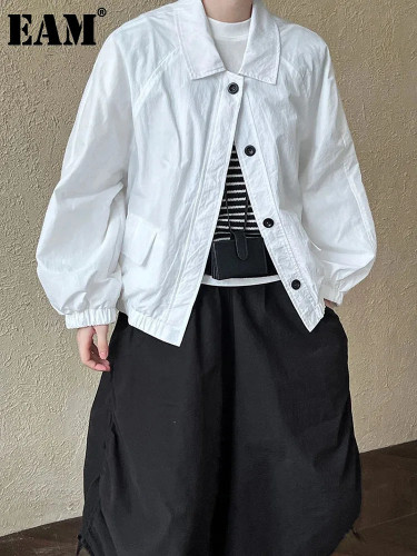 [EAM] Wine Red Pocket Big Size Casual Thin Jacket New Lapel Long Sleeve Women Coat Fashion Tide Spring Autumn 2024 1DH7292
