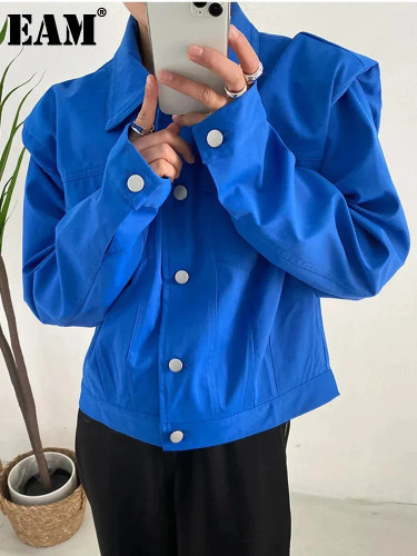 [EAM] Loose Fit White Pockets Big Size Vintage Jacket New Lapel Long Sleeve Women Coat Fashion Tide Spring Autumn 2024 1DH0037