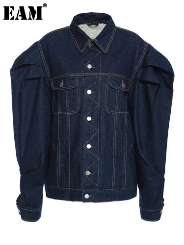 [EAM] Navy Blue Denim Thick Big Size Warm Jacket New Lapel Long Sleeve Women Coat Fashion Tide Autumn Winter 2024 1DH4508