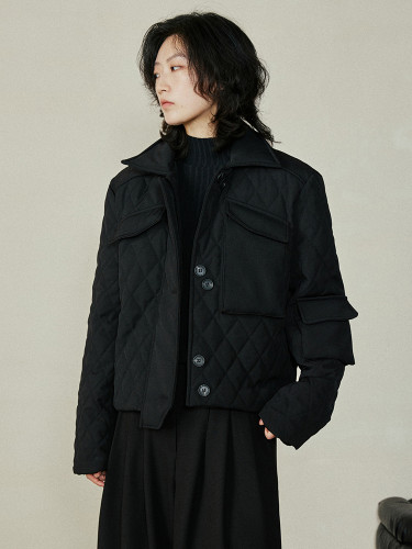 [EAM] Black Pocket Big Size Cotton-padded Coat Long Sleeve Loose Fit Women Parkas Fashion Tide New Autumn Winter 2024 1DH2940