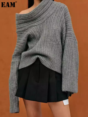 {EAM} Slouchy irregular line neck loose personality pullover off-the-shoulder sweater top DLZ338