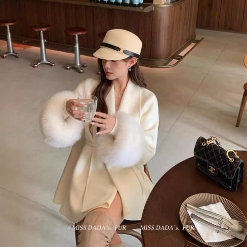 {EAM} Autumn and winter light luxury woolen coat medium long fox hair double-sided cashmere overcoat fur coat women DLZ339