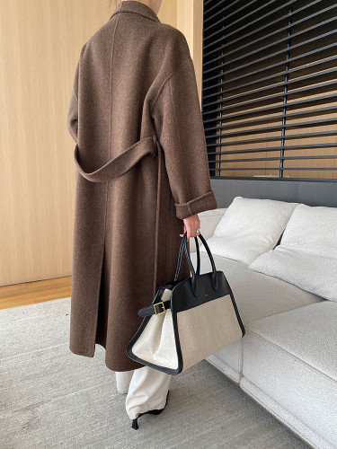 [EAM] Coffee Belted Big Size Long Warm Woolen Coat New Lapel Long Sleeve Women Jacket Fashion Tide Autumn Winter 20241DH7361
