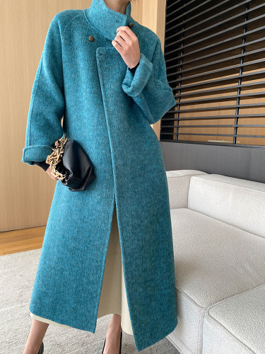 [EAM] Blue Belted Big Size Long Woolen Coat New Stand Collar Long Sleeve Women Jacket Fashion Tide Autumn Winter 2024 1DH7357