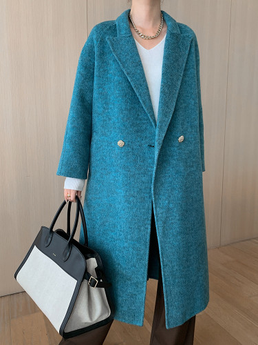 [EAM] Blue Double Breasted Big Size Woolen Coat New Lapel Long Sleeve Women Jacket Fashion Tide Autumn Winter 2024  1DH7363