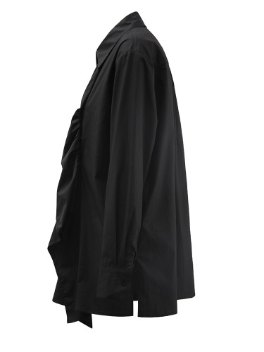 [EAM] Women Black Irregular Pleated Big Size Elegant Blouse New Lapel Long Sleeve Shirt Fashion Tide Spring Autumn 2024 CPDB184