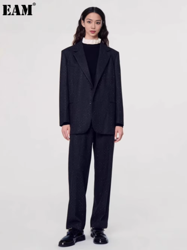 {EAM} French style autumn-winter new women's rhinestone suit jacket + pantsuit DLZ346
