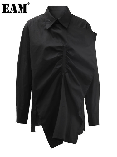 [EAM] Women Black Irregular Pleated Big Size Elegant Blouse New Lapel Long Sleeve Shirt Fashion Tide Spring Autumn 2024 CPDB184