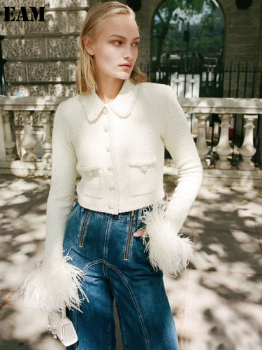 {EAM} Autumn and winter ivory elegant temperament lapel feather sleeve knitted short cardigan coat top DLZ351