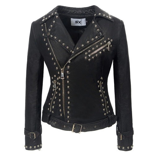 {EAM} Europe and the United States fashion long-sleeved zipper leather coat for women PU motorcycle jacket for women short DLZ362