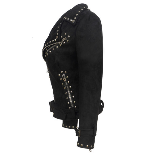 {EAM} Embroidered riveted buckskin velvet short long sleeve leather jacket women's punk buckskin velvet jacket belt short leather jacket DLZ363