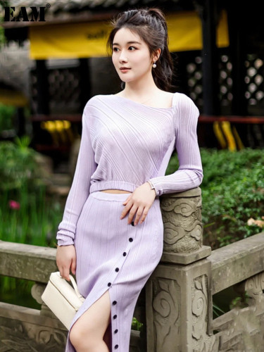 {EAM} Early autumn new irregular collar temperament long-sleeved slim knit side slit dress DLZ351