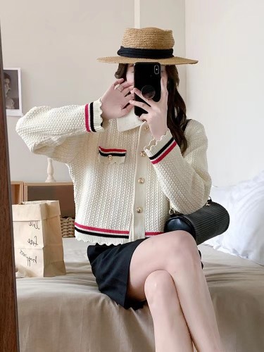 {EAM} Spring new French contrasting striped lace hem knit cardigan coat DLZ356