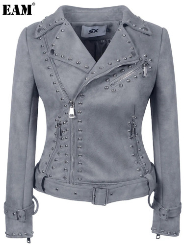 {EAM} Europe and the United States fashion long-sleeved zipper leather coat for women PU motorcycle jacket for women short DLZ362