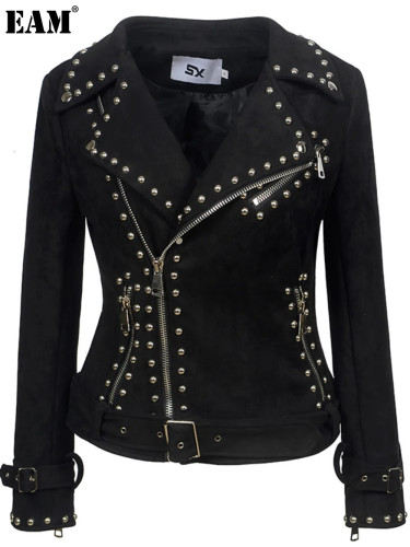 {EAM} Embroidered riveted buckskin velvet short long sleeve leather jacket women's punk buckskin velvet jacket belt short leather jacket DLZ363