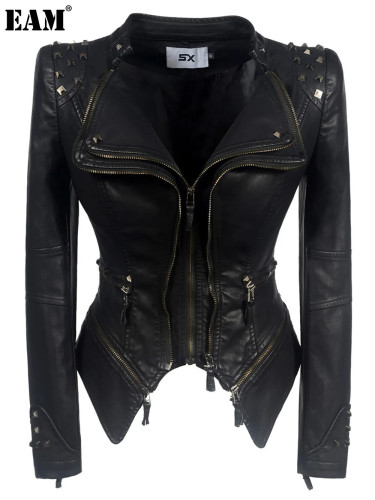 {EAM} Gothic style women's new autumn style Europe and the United States wind shrug shoulder rivets slim waist wash leather motorcycle leather PU DLZ361