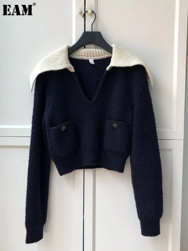 {EAM} New navy V-neck beaded long-sleeved sweater for autumn/Winter 2024 DLZ357