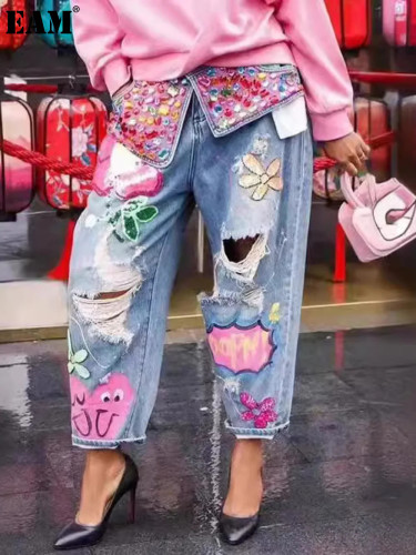 {EAM} 2024 summer new heavy iron drill print hole jeans women's high waist loose small feet pants DLZ359