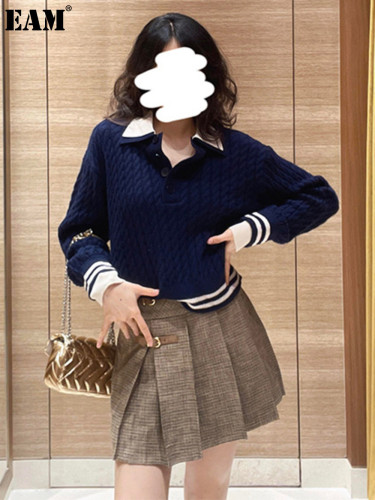 {EAM} Autumn and winter new preppy polo collar twist striped edge knit shirt DLZ349
