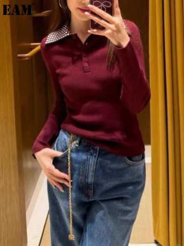 {EAM} Autumn and winter new temperament royal sister wine red lapel hot drill knit bottom coat DLZ353
