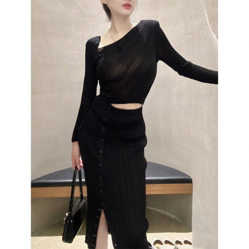 {EAM} Early autumn new irregular collar temperament long-sleeved slim knit side slit dress DLZ351
