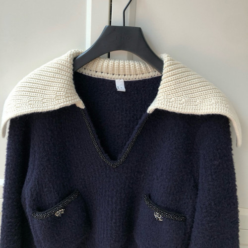 {EAM} New navy V-neck beaded long-sleeved sweater for autumn/Winter 2024 DLZ357