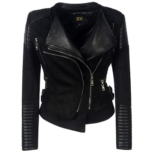 {EAM} Gothic style women's fashion explosion European style lapel zipper jacket deerskin velvet coat slim PU leather for women DLZ360