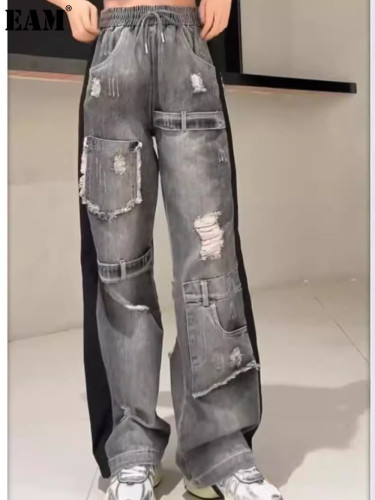 {EAM} Jeans women 2024 fall new design reminiscent of the old ground white gray black micro flared pants ripped pants DLZ364