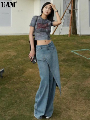 {EAM} American blue personality street design sense of fake two high-waisted jeans women 2024 wide-leg floor-length pants DLZ370