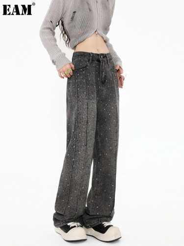 {EAM} Autumn new splicing design sense straight leg pants niche personality hot brick jacquard texture wide-leg jeans DLZ371