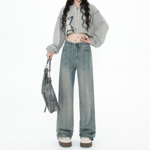 {EAM} Autumn new splicing design sense straight leg pants niche personality hot brick jacquard texture wide-leg jeans DLZ371