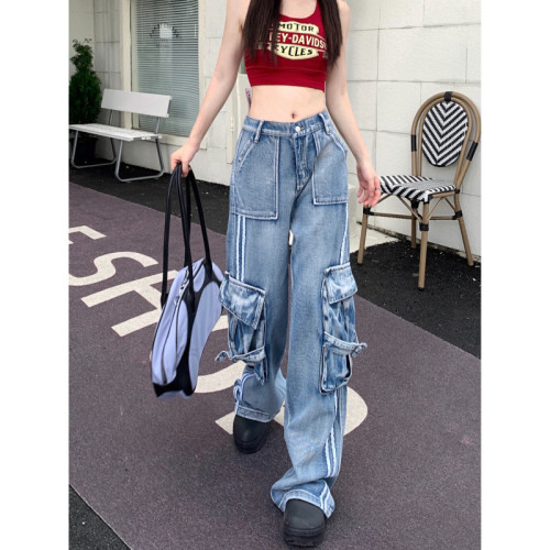 {EAM} Retro wash sports casual wide-leg three-bar cargo jeans women's design sense slim pants DLZ369