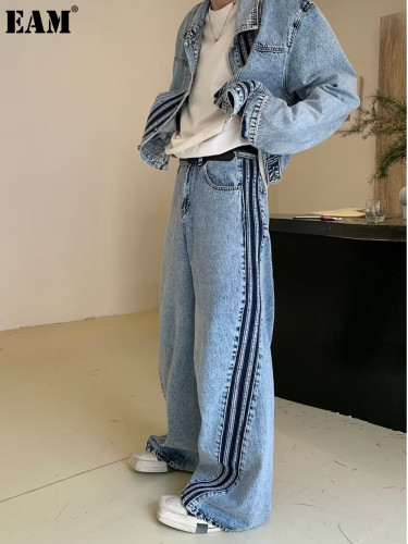 {EAM} Denim suit two-piece high design cropped jacket top Parisian style three-bar patchwork wide-leg trousers DLZ367