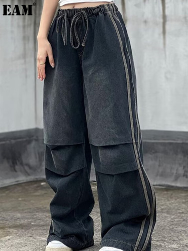 {EAM} American pleated design sense niche stripes wide leg straight leg jeans men's fashion loose splicing three bars high street pants DLZ366