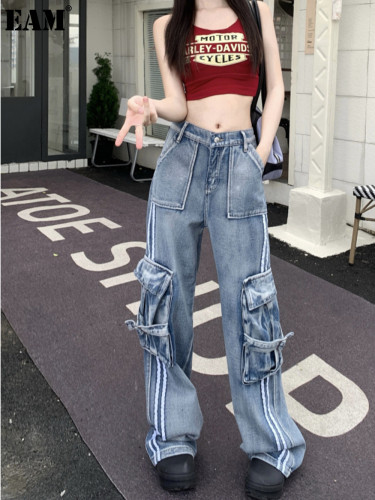 {EAM} Retro wash sports casual wide-leg three-bar cargo jeans women's design sense slim pants DLZ369
