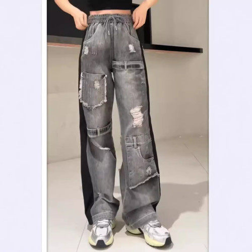 {EAM} Jeans women 2024 fall new design reminiscent of the old ground white gray black micro flared pants ripped pants DLZ364