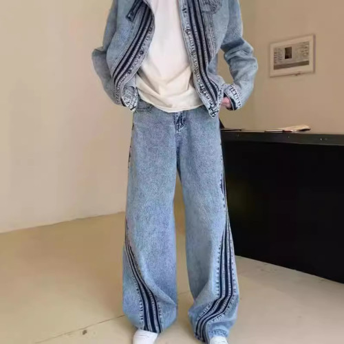 {EAM} Denim suit two-piece high design cropped jacket top Parisian style three-bar patchwork wide-leg trousers DLZ367