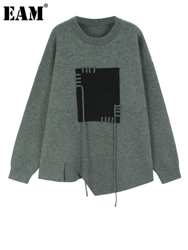 [EAM] Gray String Big Size Knitting Sweater Round Neck Long Sleeve Women Pullovers New Fashion Tide Spring Autumn 2024 1DH8300