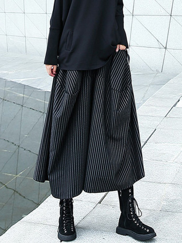 [EAM] High Elastic Waist Black Striped Long Wide Leg Casual Pants New Trousers Women Fashion Tide Spring Autumn 2024 1DH8290