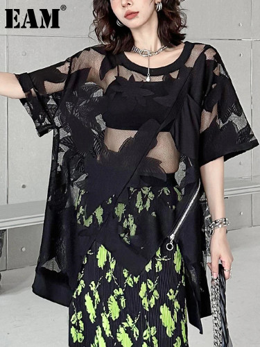 [EAM] Women Black Mesh Perspective Irregular Big Size T-shirt New Round Neck Half Sleeve Fashion Tide Spring Summer 2024 1DH8293
