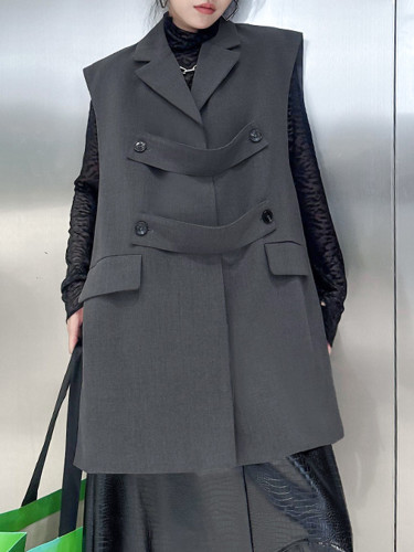 [EAM] Women Black Gray Double Breasted Long Big Szie Elegant Vest New Lapel Sleeveless Fashion Tide Spring Autumn 2024 1DH8292
